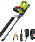 20 Inch Cordless Hedge Trimmer With 20V Power, Dual Action Laser Blade Delivers 1400 RPM, Cuts Up To Three Fifth Inch Branches, Lightweight And Compact, Includes Battery And Fast Charger For Quick Yard Cleanup, showing green and black trimmer with battery and charger