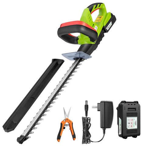 20 Inch Cordless Hedge Trimmer With 20V Power, Dual Action Laser Blade Delivers 1400 RPM, Cuts Up To Three Fifth Inch Branches, Lightweight And Compact, Includes Battery And Fast Charger For Quick Yard Cleanup, showing green and black trimmer with battery and charger