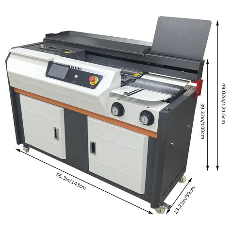Auto Book Binding Machine A4 With 7 Inch Touch Screen Side Glued Binder on wheels, showing front and control panel view