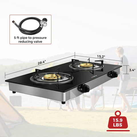 Grillin Ready Portable Double Burner Propane Stove With Auto Ignition, 19,000 BTU Total, 9,500 BTU Each, camping scene