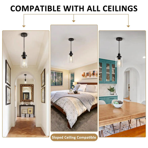 Industrial Pendant Lighting Set With Clear Glass Shade in hallway, bedroom, and kitchen settings, adjustable cord, 3 Pack
