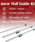 Two Pack Pro Grade HGR20 1200mm Linear Guide Rails And SFU1605 1200mm Ball Screw Set With DSG16H Nut Housing shown with kit features