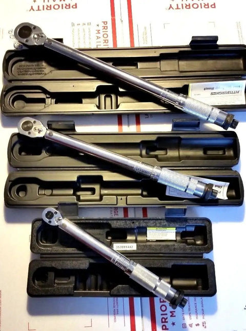 Three Piece Torque Wrench Set With Quarter Inch, Three Eighth Inch, And Half Inch Drives, Click Type Snap Socket, Pro Grade Chrome Finish, Accurate To Within Four Percent, Torque Ranges From 20 To 200 In Lbs, 5 To 80 Ft Lbs, And 10 To 150 Ft Lbs