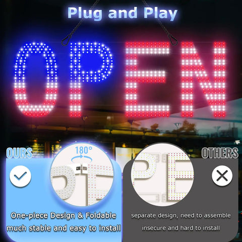 Large 30 By 10 Inch LED Open Sign With Remote, 12 Scene Modes, Ultra Bright Blue White Red US Flag Style Open Sign Comparison