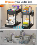 Four Pack Two Tier Under Sink Organizer With Hassle Free Slide Out Drawers For Bathroom Vanities And Kitchen Cabinets showcasing organized cleaning supplies.
