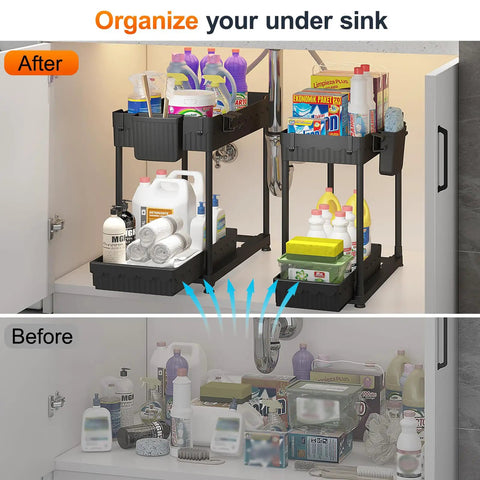 Four Pack Two Tier Under Sink Organizer With Hassle Free Slide Out Drawers For Bathroom Vanities And Kitchen Cabinets showcasing organized cleaning supplies.