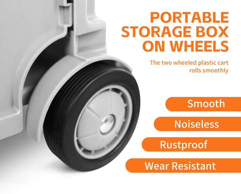 Close-up of heavy-duty plastic wheel on collapsible rolling utility cart with lid, 80 lb capacity, folding dolly on wheels.