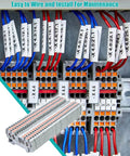 Industrial Grade Heavy Duty Din Rail Terminal Block Kit With 32 Amp Push In Connectors, showing modular units wired on a panel.