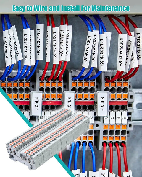 Industrial Grade Heavy Duty Din Rail Terminal Block Kit With 32 Amp Push In Connectors, showing modular units wired on a panel.