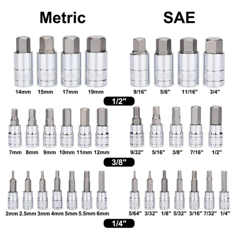 33 Piece Hex Bit Socket Set Master Kit with S2 and Cr-V Steel, SAE and Metric Sockets from 2mm to 19mm and 5/64 to 3/4 inch