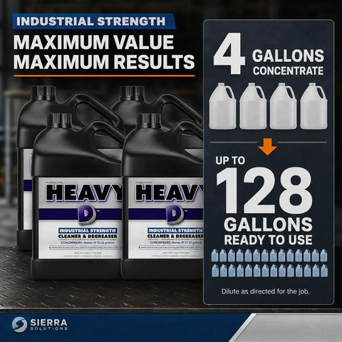 Heavy Duty Industrial Degreaser Concentrate in 4 gallons ready to use for mechanic garage cleanups, industrial strength formula.