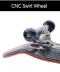 Close-up of CNC swirl wheel and graphic on Pro Fingerboard 34mm Wooden Deck Dragon Edition with 5 Layer Canadian Maple Deep Concave.