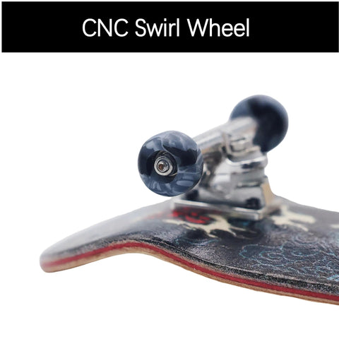 Close-up of CNC swirl wheel and graphic on Pro Fingerboard 34mm Wooden Deck Dragon Edition with 5 Layer Canadian Maple Deep Concave.