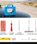 11PC Deluxe Tire Repair Kit in blue case with tools and adhesive strips for tire maintenance on large trucks and machinery.