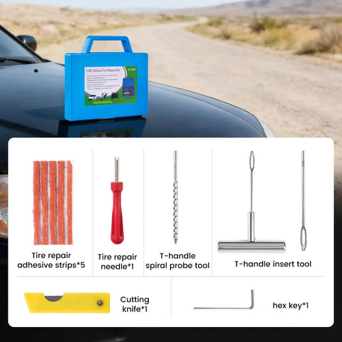 11PC Deluxe Tire Repair Kit in blue case with tools and adhesive strips for tire maintenance on large trucks and machinery.