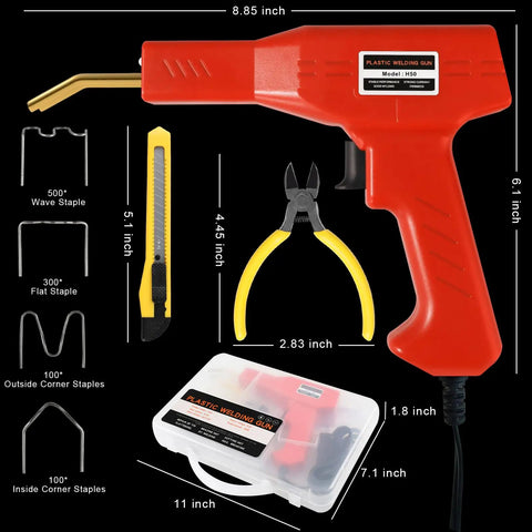 Upgraded Plastic Welder Kit With 1000 Staples And Pure Copper Transformer, tool, pliers, case, staples, dimensions shown