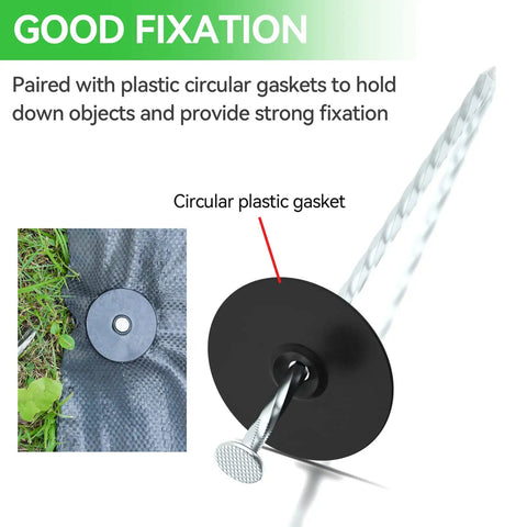 Heavy-Duty Galvanized Landscape Stakes With Gasket Caps, 6.3 Inch Garden Spikes For Securing Weed Barriers Artificial Lawn Patio Rugs And More, 50 Pack Durable Steel Garden Fixers shown with circular plastic gasket for strong fixation.
