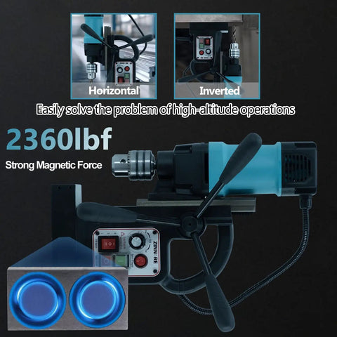 Workhorse Magnetic Drill Press 1150W With 2360 Lbf Magnetic Force shown in horizontal mounting position with control panel close-up.