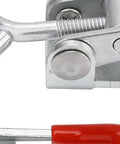 Close-up of Heavy Duty Draw Latch Set Includes 10 Solid Steel Toggle Locks For Woodworking Cabinets, Garages And Sheds with red handle