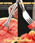 Close-up of Two Pack Stainless Steel Watermelon Cutter Slicer Dual Head Kitchen Gadget with 2-in-1 Fork and Scoop in use