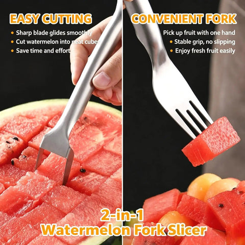 Close-up of Two Pack Stainless Steel Watermelon Cutter Slicer Dual Head Kitchen Gadget with 2-in-1 Fork and Scoop in use
