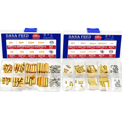 Sick Kickass M2 M3 Hex Brass Standoff Spacers Hardware Kit With Matching Nuts Screws Bolts 240 Piece Assortment in tackle box.