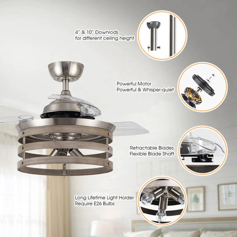 Retractable 36 Inch Ceiling Fan With Lights And Remote In Brushed Nickel, highlighting features and design elements