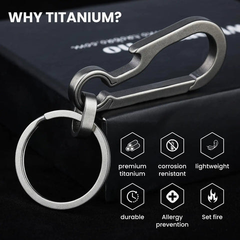 Multifunction Titanium Carabiner Keychain Go To Everyday Carry Ultra Lightweight Outdoor Key Holder Minimalist Key Ring With Durable Titanium Alloy Scratch And Corrosion Resistant Perfect For Hiking Travel And Daily Use shown with icons highlighting features like premium titanium, corrosion resistance, and lightweight design resting on a black background promoting the benefits of titanium.