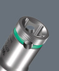 Close-up of deep three eighths inch drive socket 14 mm hex, 64 mm long, showing knurled end and hex profile for low clearance fasteners.