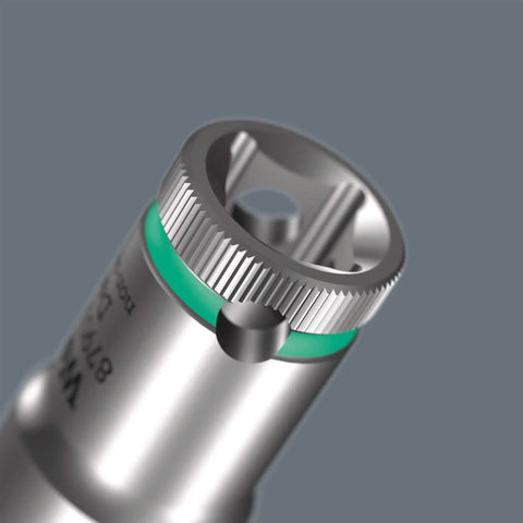 Close-up of Deep 3/8 Inch Socket With Long Reach For Tight Spots, showing hex profile and knurled end grip, color coded green