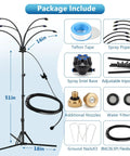 Six Nozzle Adjustable Standing Misting System for Outdoor Patio with accessories like nozzles, base, and tape.