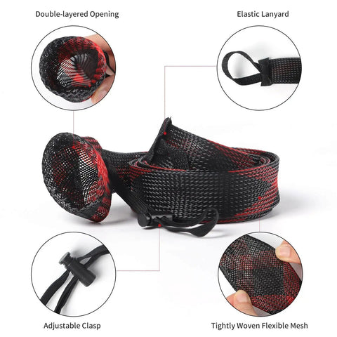 Ten Pack Braided Mesh Rod Sleeves For Casting Rods 74.8 Inch Length Fits 7Ft And 7.5Ft Rods Elastic End Strap With Lanyard Prevents Tangling Sea Fishing Gear, black red mesh
