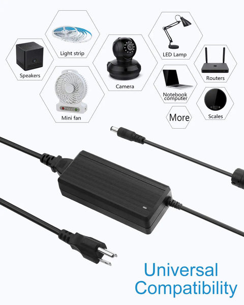 Beefy 5V 10A DC Power Supply For LED Strip Lights 50W 100 240V AC To DC Converter With 5.5x2.5mm Plug showing universal compatibility
