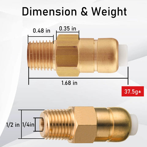 Brass PWACCS pressure washer thermal relief valve kit, 1/4 in NPT, 2-pack; side and end-thread views.