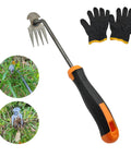 Dual Purpose 4-Teeth Weeder Tool With Rubber Handle, gloves, and usage examples in garden setting.