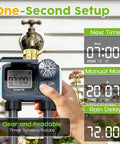 Solar Powered Sprinkler Timer With Brass Inlet Dual Outlet Garden Hose Controller Programmable Watering System With Rain Delay No Fuss Manual And Auto Modes Energy Saving Irrigation Timer For Yard Rechargeable Battery in use.