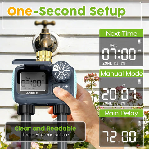 Solar Powered Sprinkler Timer With Brass Inlet Dual Outlet Garden Hose Controller Programmable Watering System With Rain Delay No Fuss Manual And Auto Modes Energy Saving Irrigation Timer For Yard Rechargeable Battery in use.