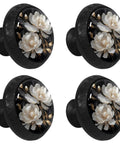 4 Pack White Peony Flower Cabinet Knobs Glass Drawer Knobs Set Black Dresser Pull Handles For Kitchen Cupboards Sleek Modern Cabinet Hardware For Drawers And Doors With Easy Install