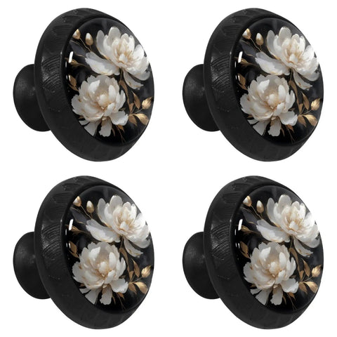 4 Pack White Peony Flower Cabinet Knobs Glass Drawer Knobs Set Black Dresser Pull Handles For Kitchen Cupboards Sleek Modern Cabinet Hardware For Drawers And Doors With Easy Install