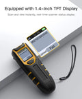 Wireless Bluetooth Barcode Scanner With 1.4 Inch Display showing data upload status, handy 1D/2D and QR code reader for warehouse use.