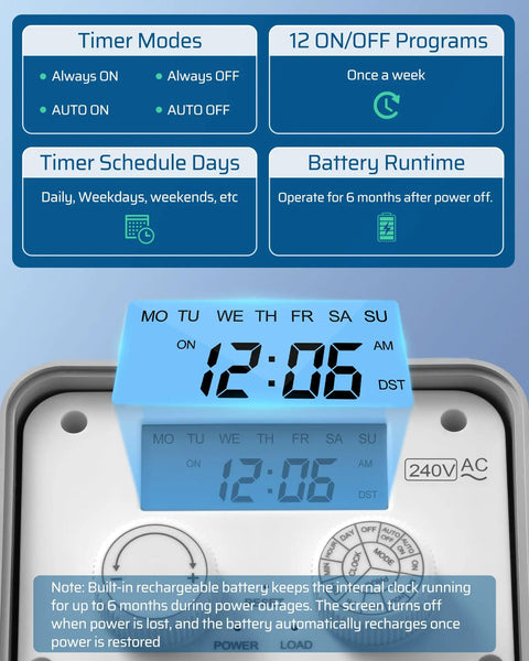 Close-up view of Tough As Nails Outdoor Pool Pump Timer showing timer modes and battery runtime features.
