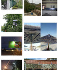 JUDYSSY Led Solar Flood Light illuminating various outdoor settings like gardens, beach, and pathways with night bright lighting.