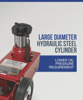 Close-up of 22 Ton Quick Lift Air Hydraulic Service Floor Jack with large diameter hydraulic steel cylinder.