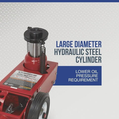 Close-up of 22 Ton Quick Lift Air Hydraulic Service Floor Jack with large diameter hydraulic steel cylinder.