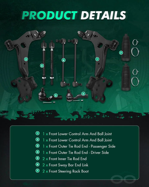 Front view: 10pc SCITOO front suspension kit for 2013–2018 Ford Escape, includes lower control arms, tie rods, sway bar links.