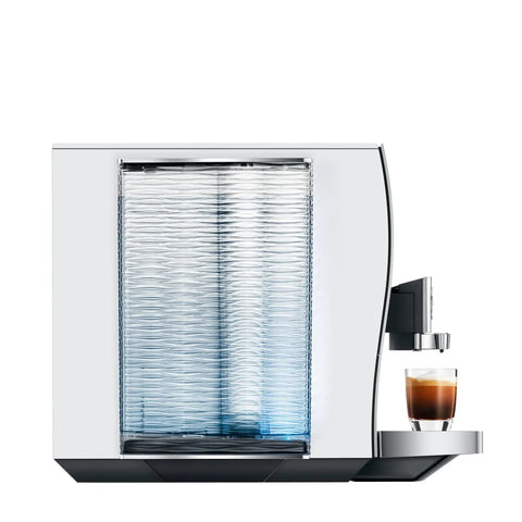 Side view of Automatic Coffee Machine With Cold Brew One Touch Brew And Sweet Hot Specialty Drinks 40 Varieties Smart Grinder Auto Adjust Aluminum White Home Coffee Maker.