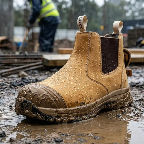 Mens 6 Inch Steel Toe Slip On Work Boots Chelsea Waterproof Safety Footwear Heavy Duty in muddy wet conditions with droplets.