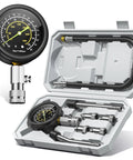 Rock Solid Gasoline Engine Compression Tester Kit With No Sweat 300 PSI Triple Scale Dial and full eight piece adapter set in case.