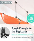 Kayak And Canoe Ceiling Hoist For Garage Storage, Heavy Duty Pulley System With Adjustable Straps, Supports Up To 150 Lbs
