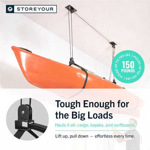 Kayak And Canoe Ceiling Hoist For Garage Storage, Heavy Duty Pulley System With Adjustable Straps, Supports Up To 150 Lbs